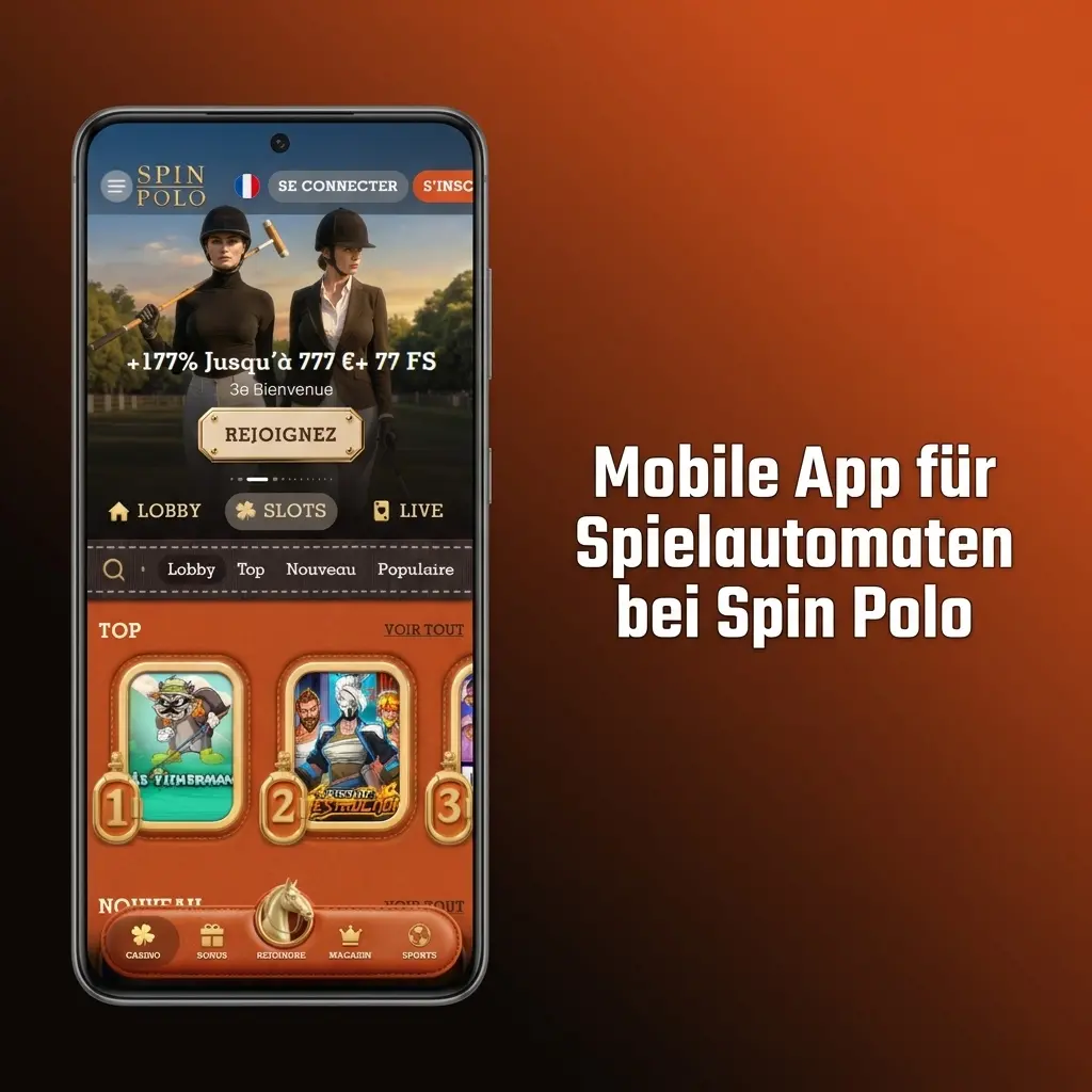 Spin Polo Mobile App auf Smartphone mit Spielautomaten-Auswahl und Navigationsmenü
